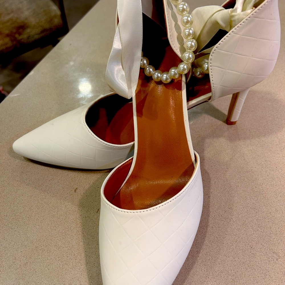 Size 9 white pumps with pearls and lace combo ankle ties